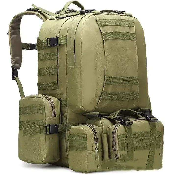 Durable olive green camping backpack with multiple pockets for hiking or survival gear