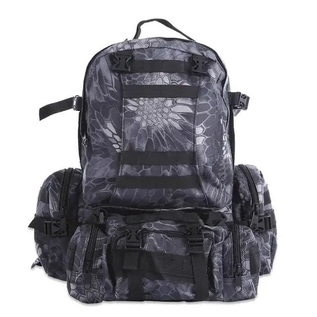 Durable black tactical backpack with multiple compartments, ideal for camping and hiking gear