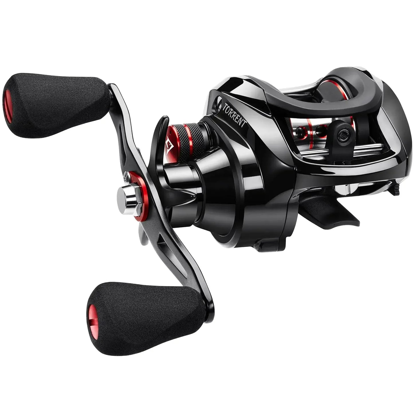 Black and red baitcasting fishing reel, durable outdoor gear for camping and fishing.