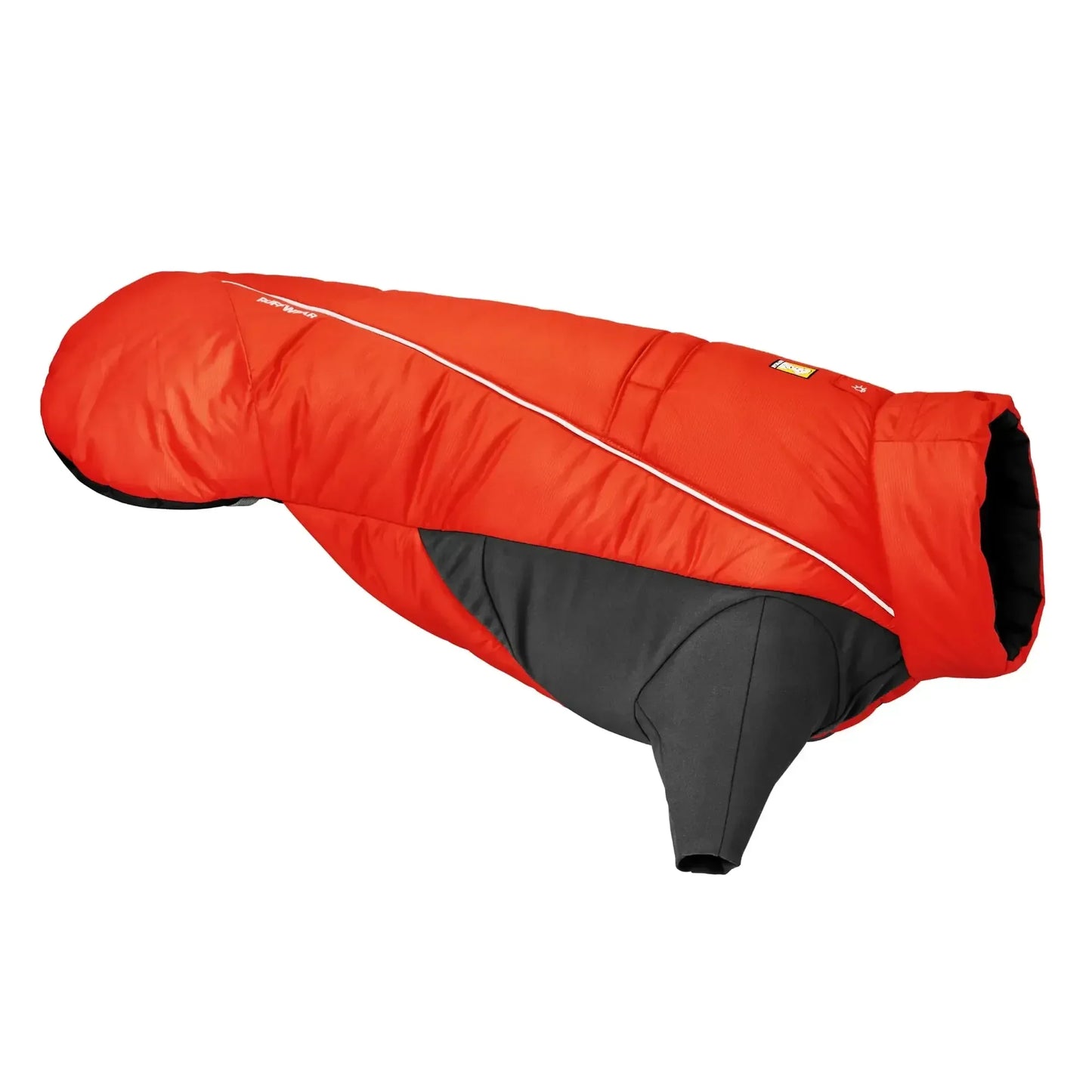 Red and black insulated dog jacket for outdoor camping and hiking, durable and adventure-ready.