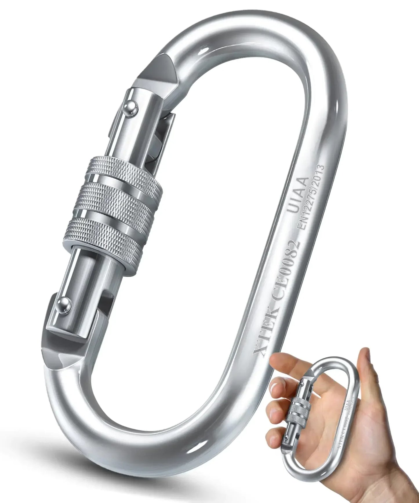 Heavy-duty silver carabiner for camping and hiking gear, shown in hand for size