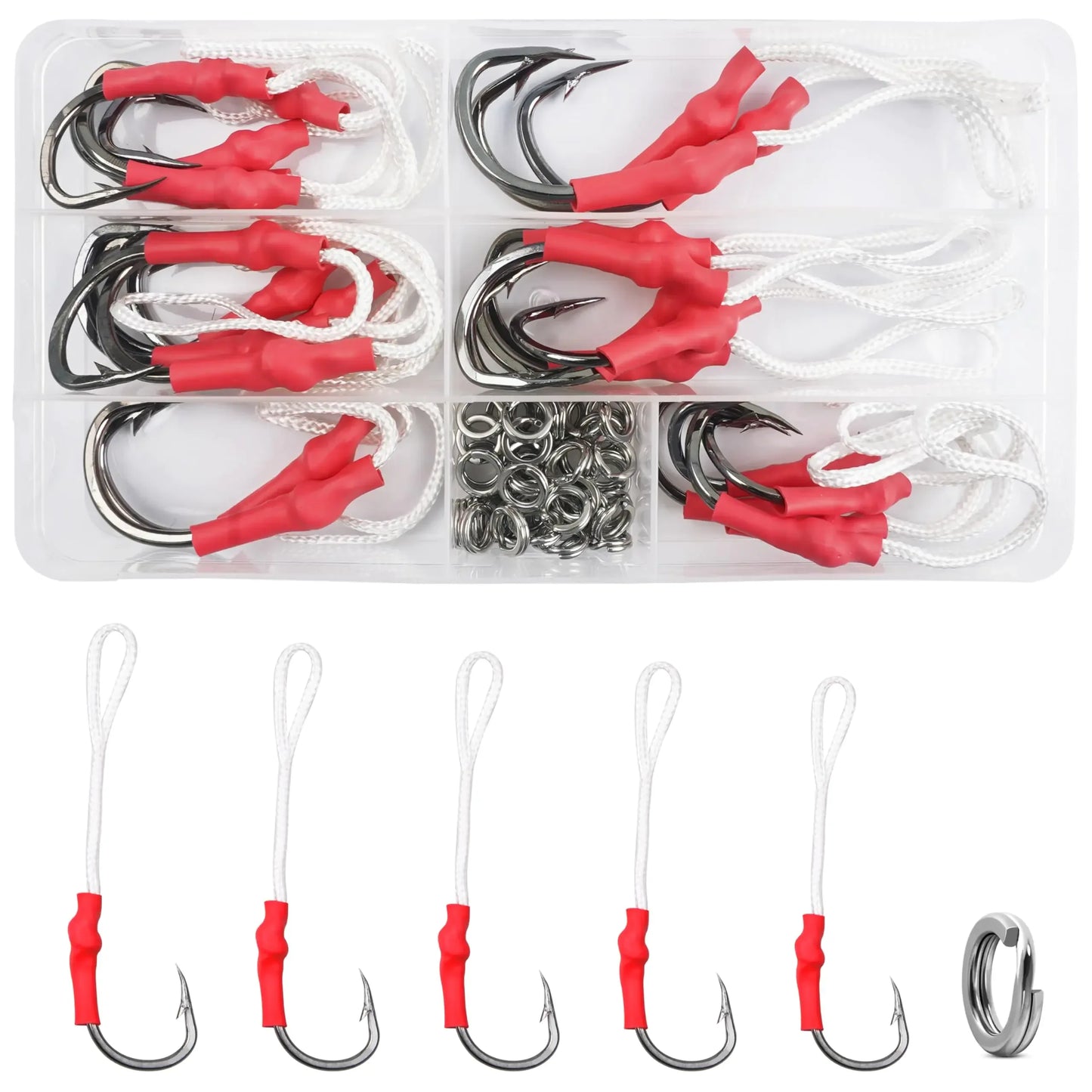 Fishing hook set with red grip handles, white braided cords, and metal rings in clear case