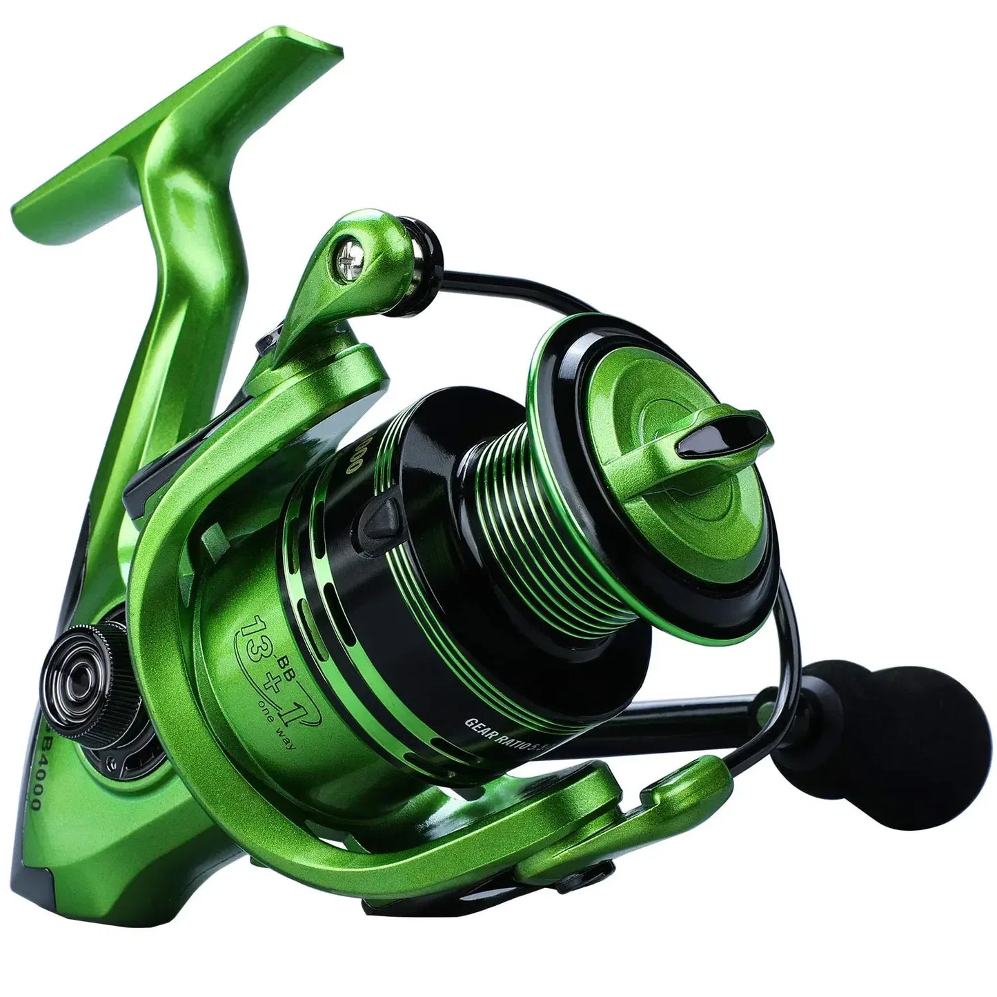 Green spinning fishing reel for outdoor fishing, camping, and survival gear from Hacksoutdoors
