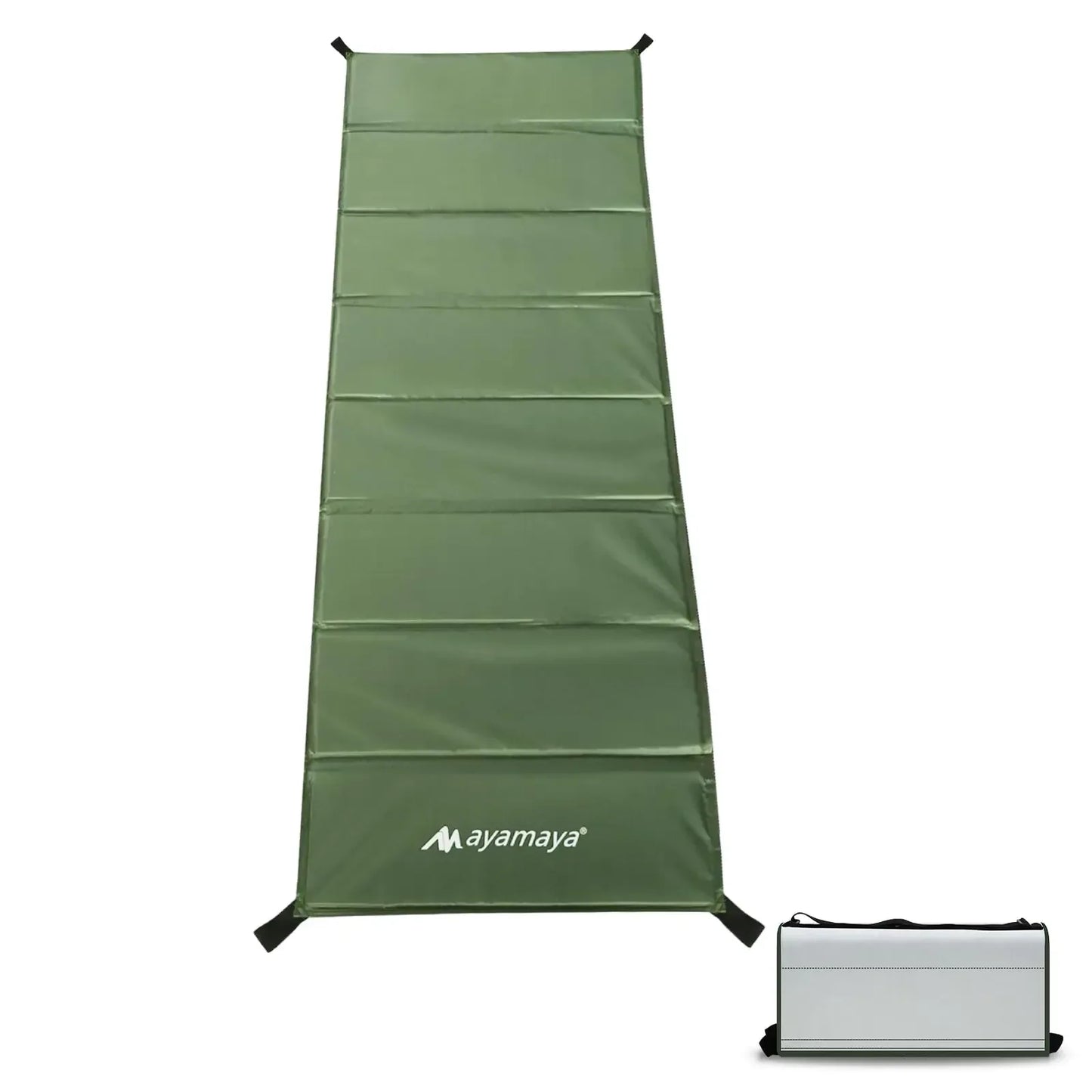 Durable green camping sleeping pad for outdoor adventures, shown unfolded with carrying case