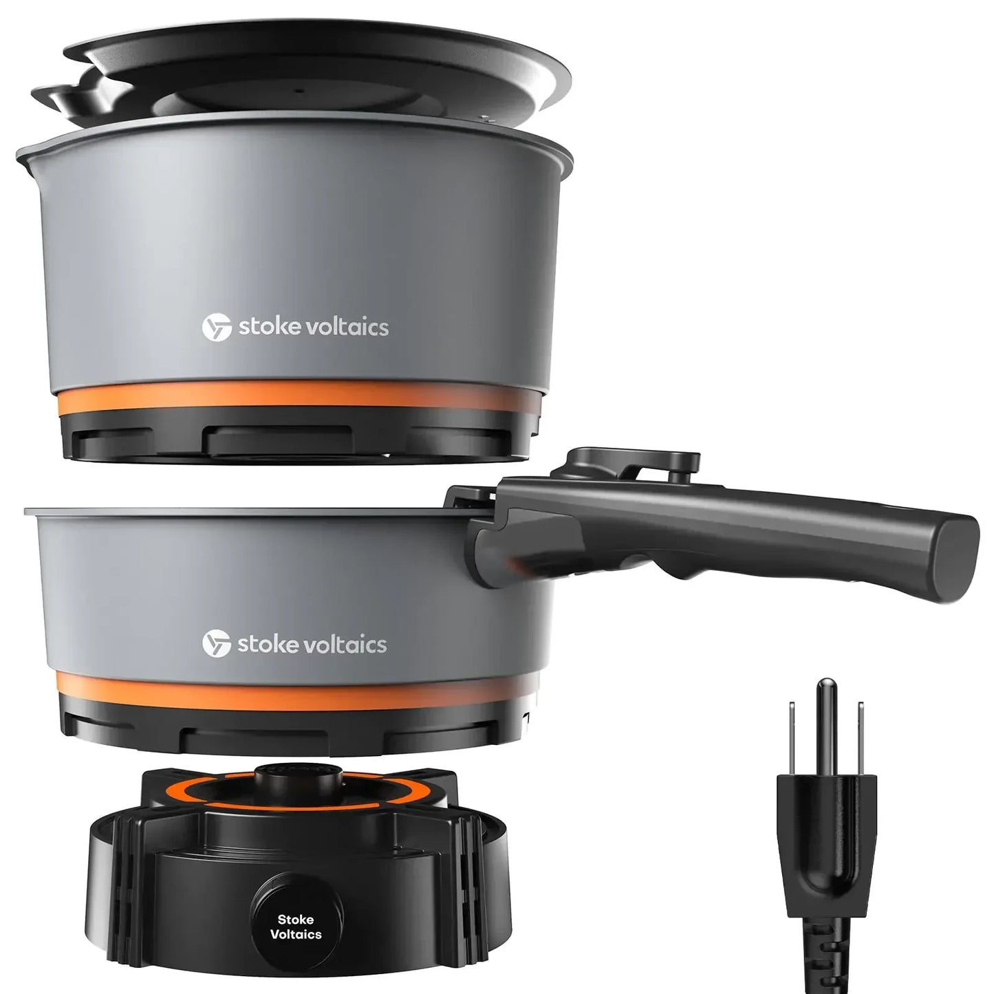 Stoke Voltaics portable electric camping cookware set with detachable handle, lid, and power base