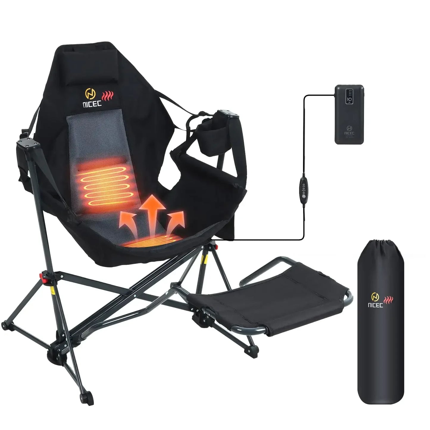 Heated camping chair with footrest, battery pack, and carry bag for outdoor adventures