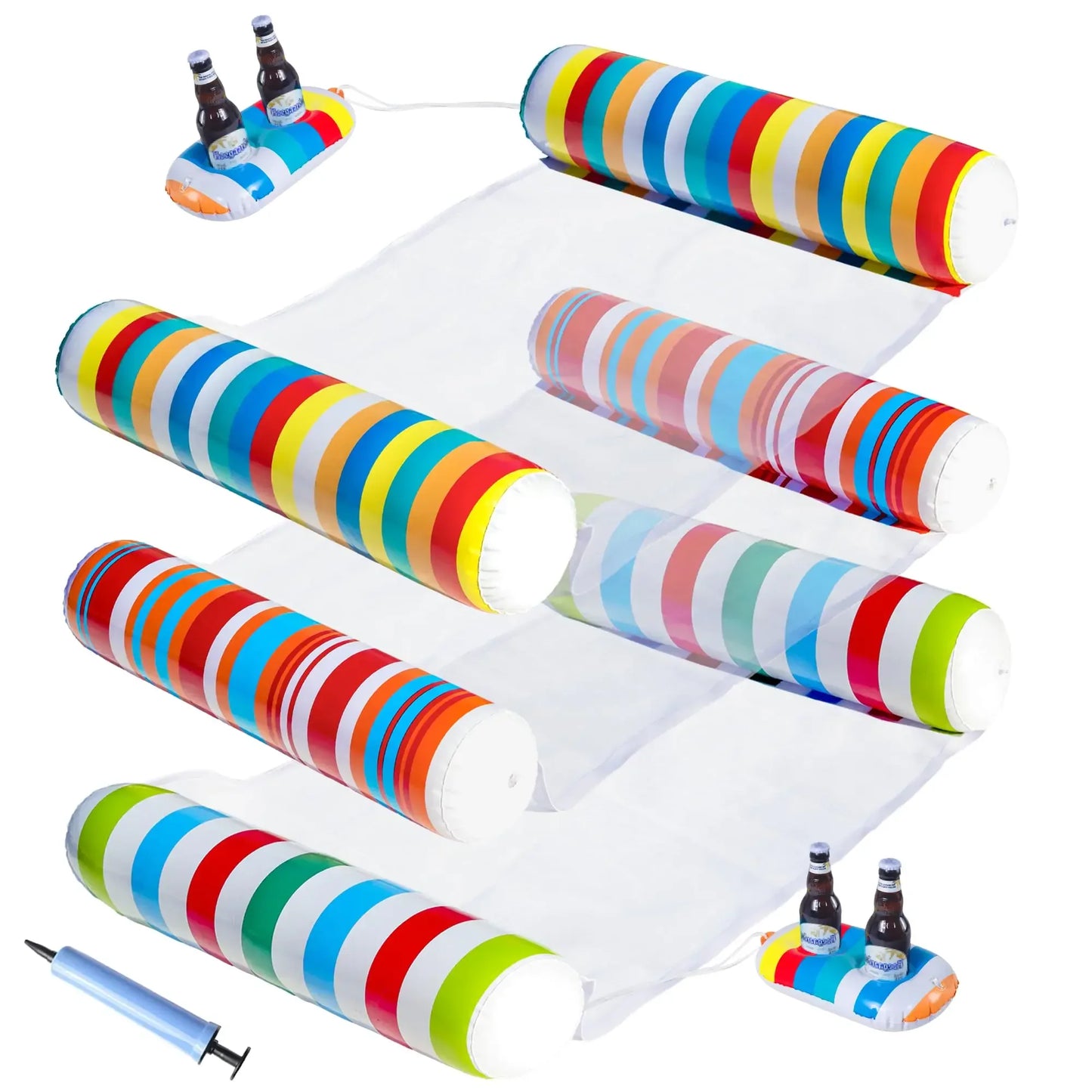 Inflatable striped pool float set with drink holder, ideal outdoor gear for camping and adventure