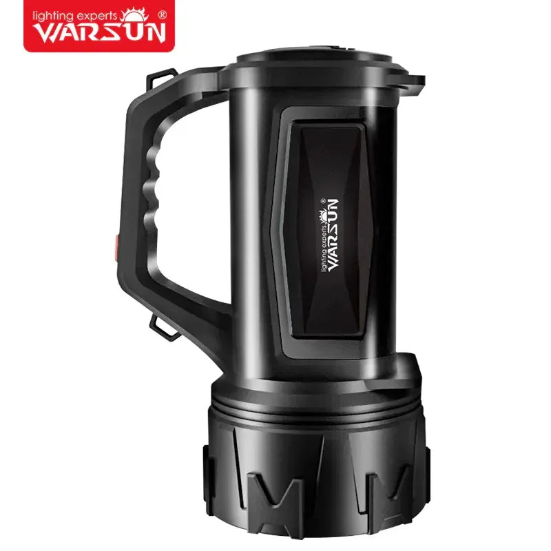 Durable black Warsun LED camping flashlight, rugged handle, outdoor survival gear