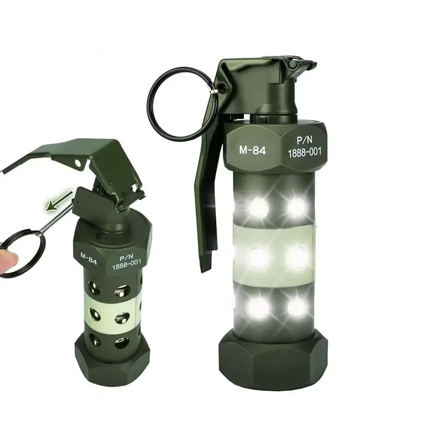 Military-style grenade LED flashlight for camping, hiking, and outdoor adventures