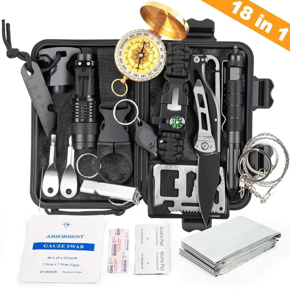 18-in-1 survival kit with knife, compass, flashlight, tools, bandages for camping or hiking
