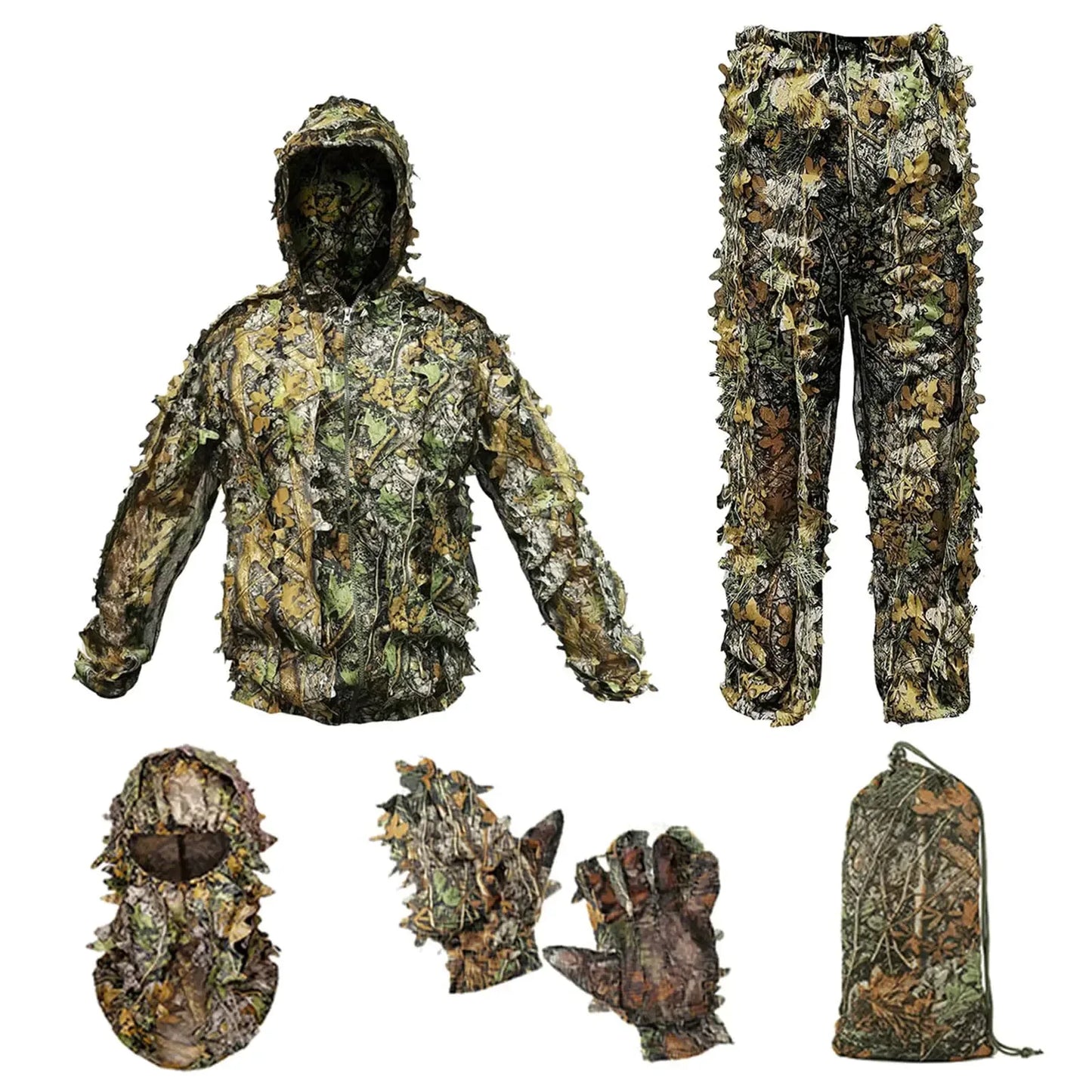 Camo ghillie suit set with jacket, pants, face mask, gloves, and carry bag for outdoor adventurers.
