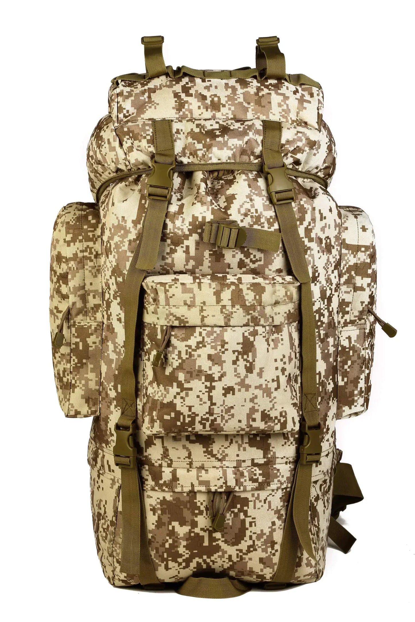 Durable digital camo hiking backpack with multiple pockets and straps for outdoor adventure