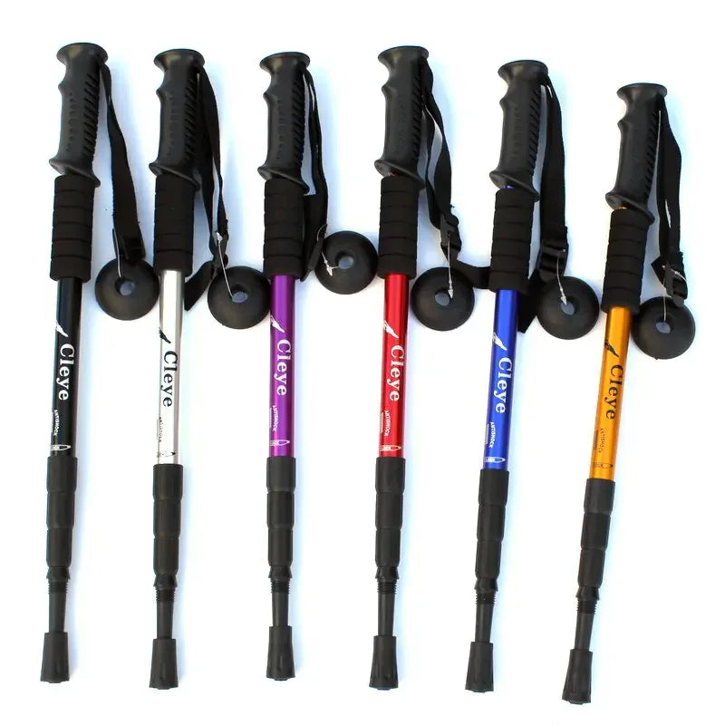 Colorful adjustable hiking trekking poles with ergonomic grips, ideal outdoor gear for adventurers