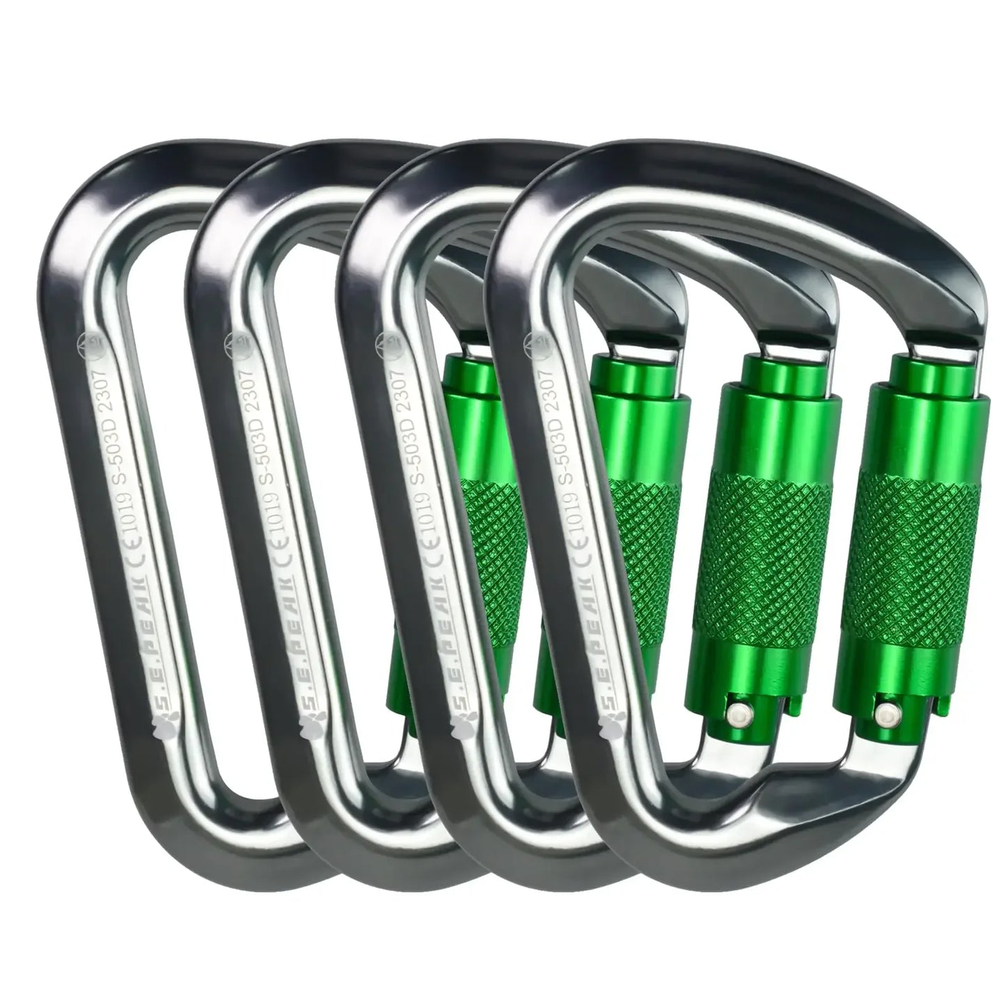 Set of four green locking carabiners, durable gear for camping, hiking, and survival at Hacksoutdoors