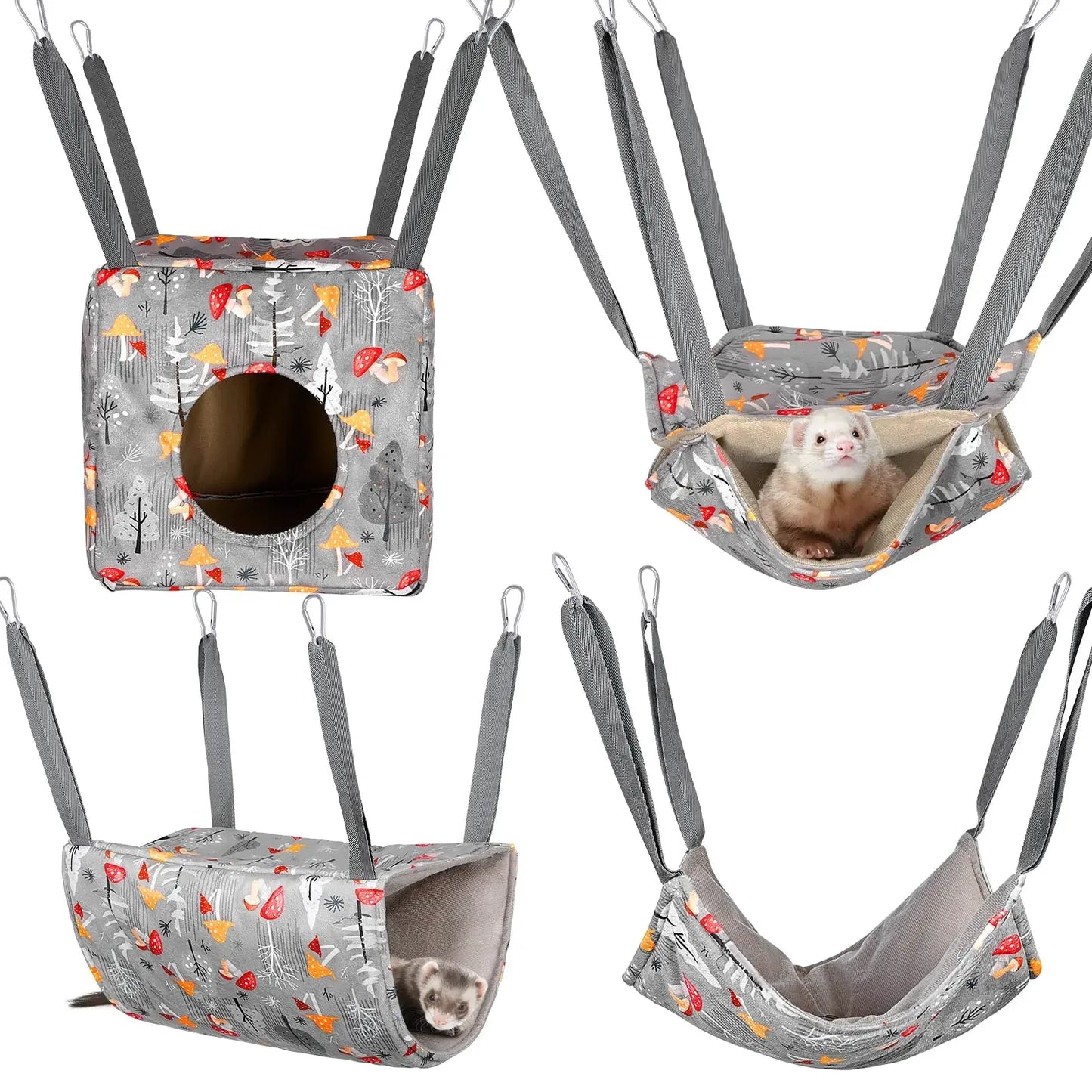 Gray outdoor pet hammock and tunnel set with forest print, featuring a ferret inside, camping gear style.