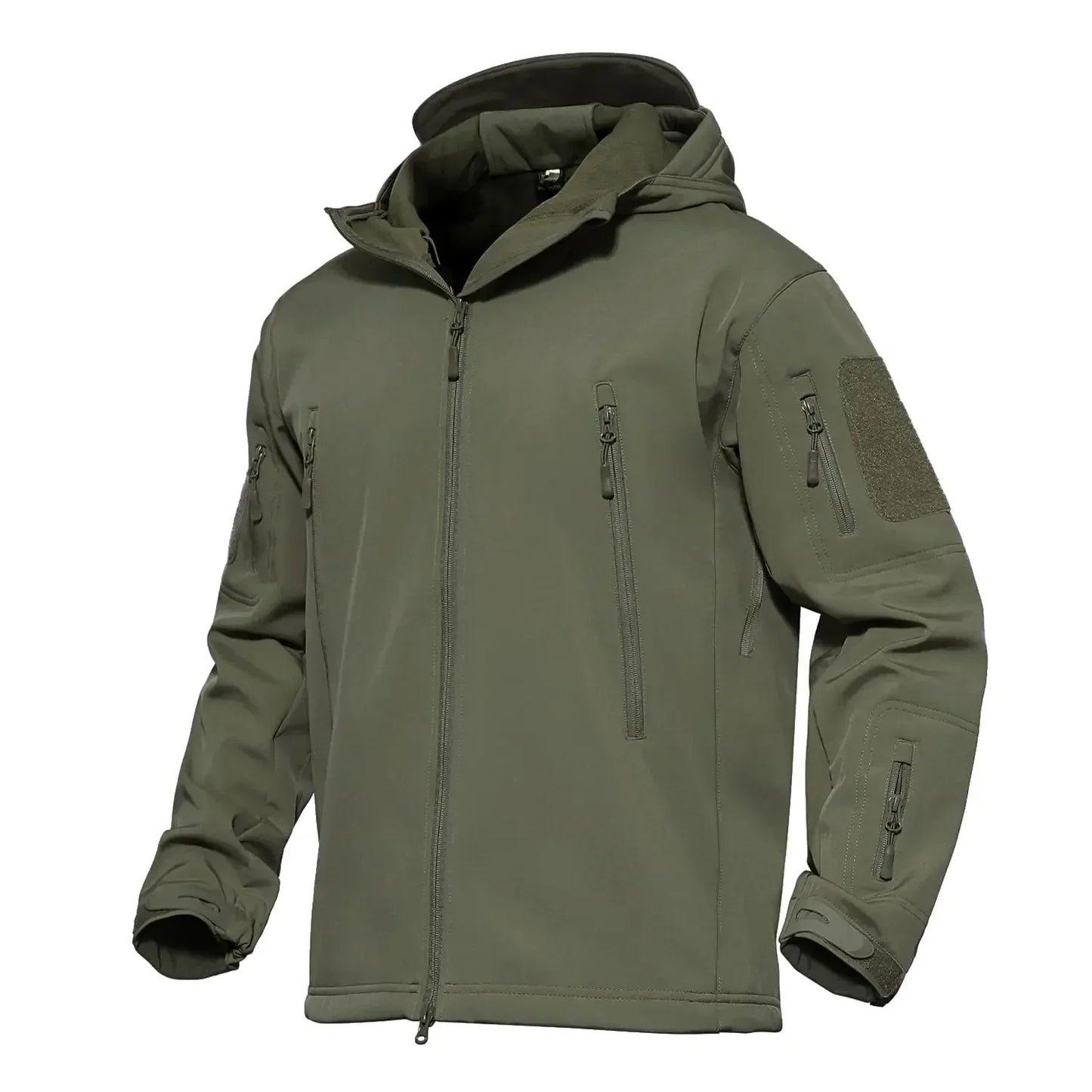Olive green outdoor tactical jacket with hood, multiple zippered pockets, and velcro patch, ideal for camping or hiking