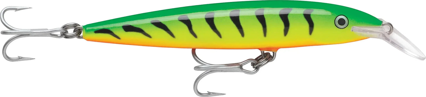 Bright green and yellow fishing lure with black stripes and silver treble hooks for outdoor anglers