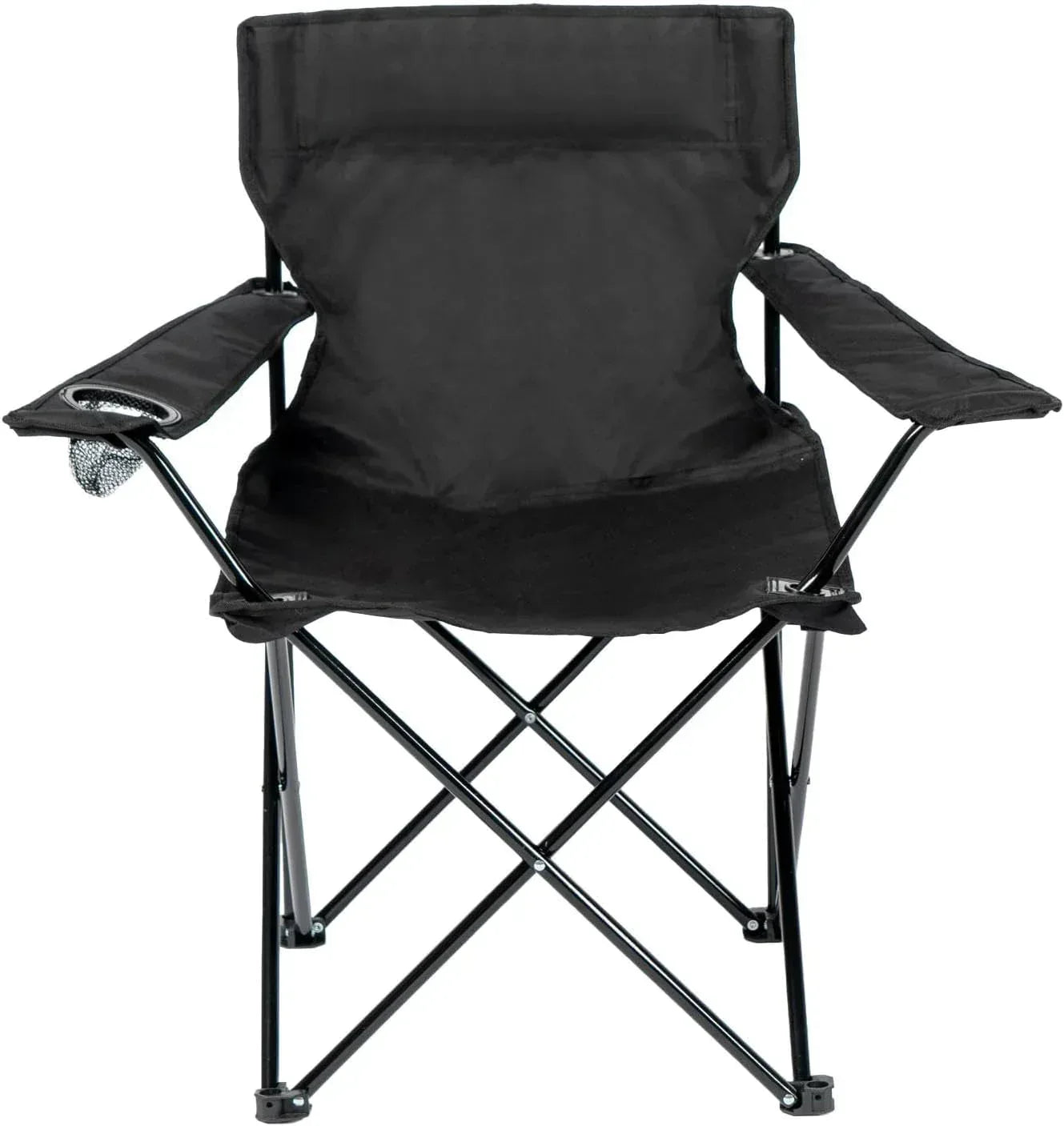 Black folding camping chair with armrests and cup holder for outdoor adventures