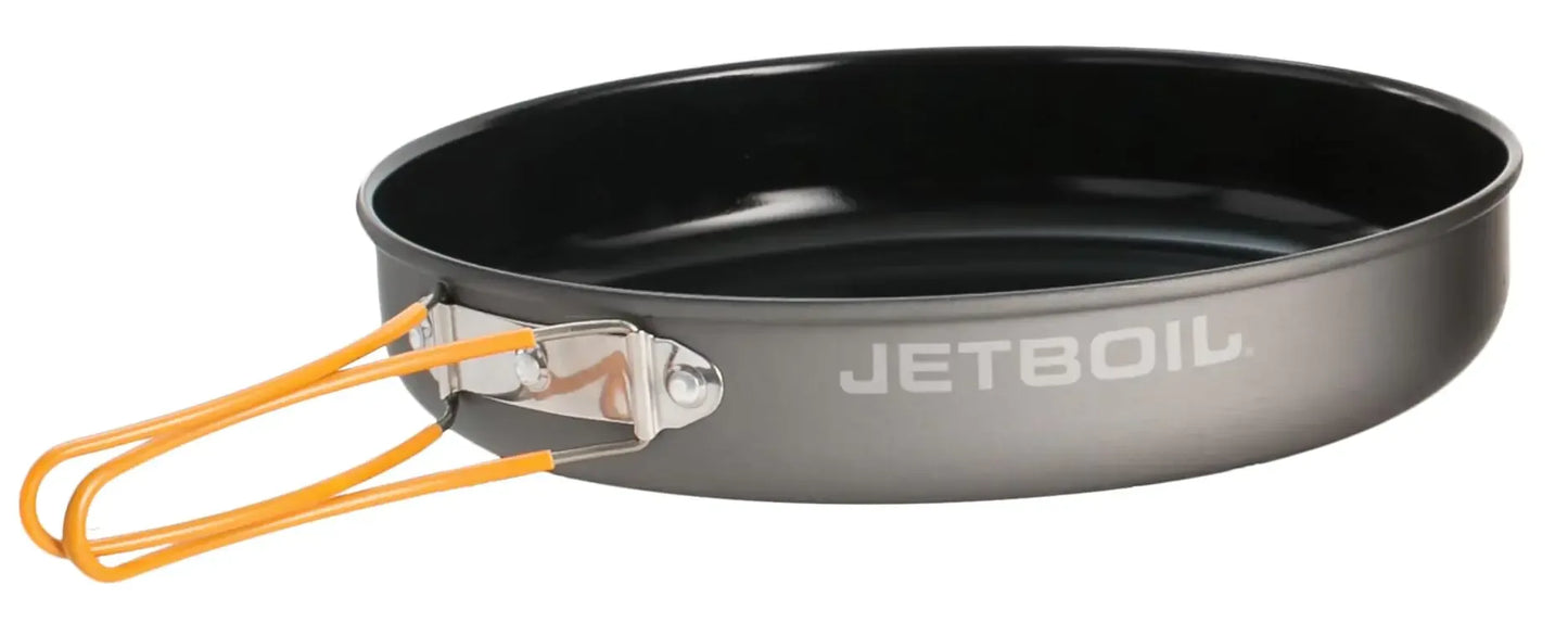 Jetboil camping frying pan with orange folding handle, outdoor cooking gear for hikers