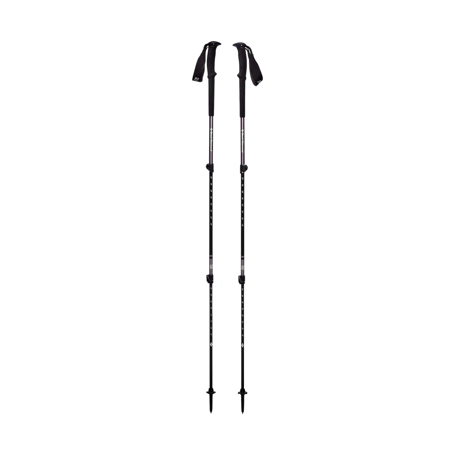 Pair of black trekking poles for hiking and camping, durable outdoor gear from Hacksoutdoors