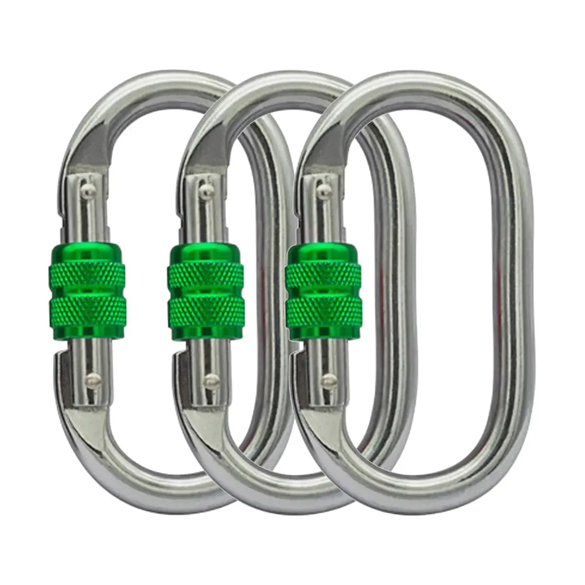 Set of three silver camping carabiners with green screw-locks, outdoor survival gear