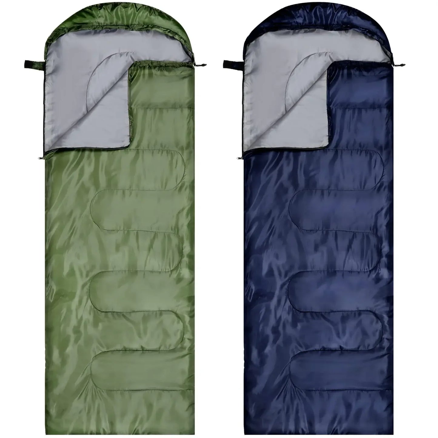 Green and blue sleeping bags for camping and hiking, gear by Hacksoutdoors