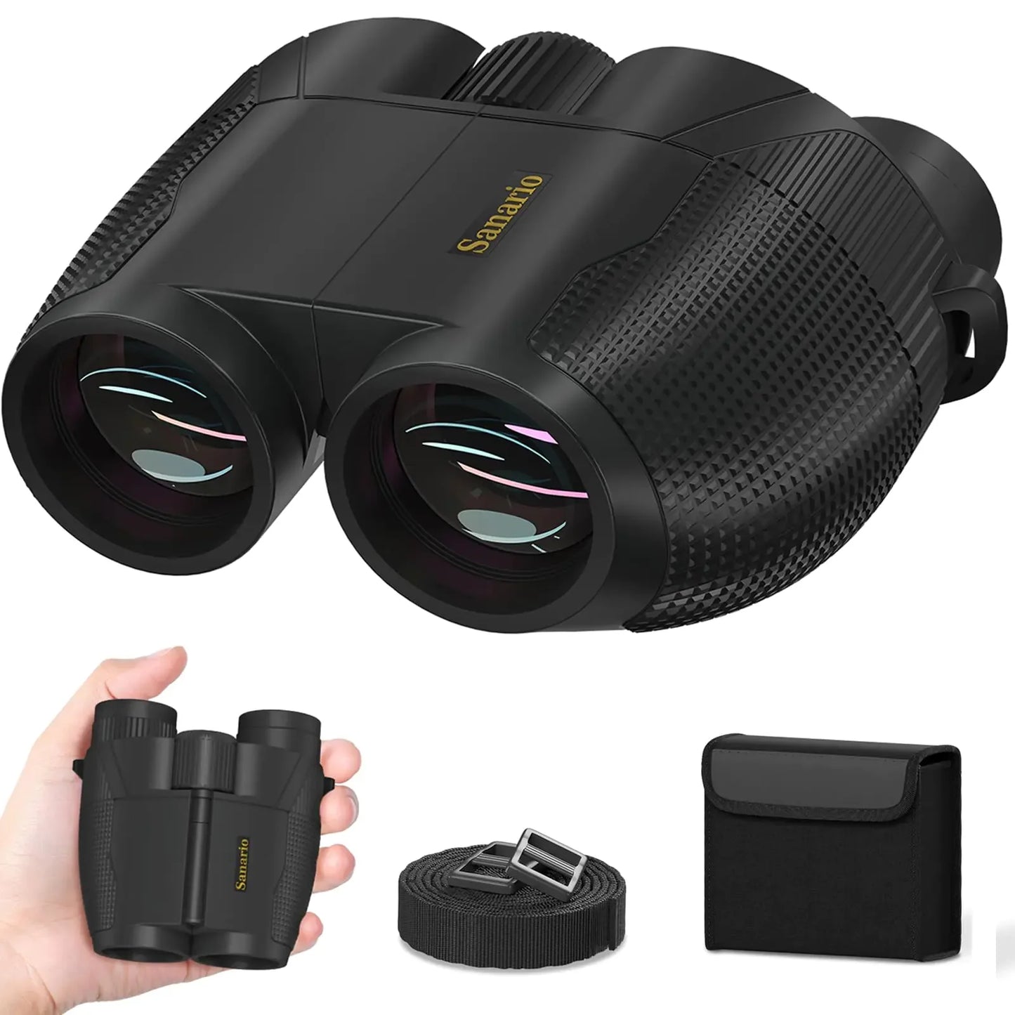 Compact black binoculars for camping and hiking, shown with carrying case and strap
