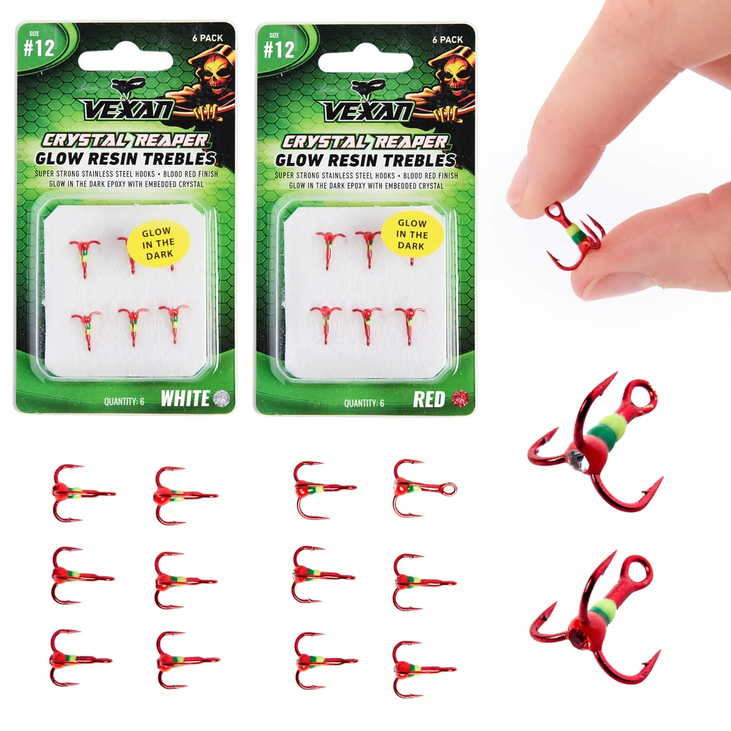 Vexan Crystal Reaper glow resin treble fishing hooks in red and white, camping gear