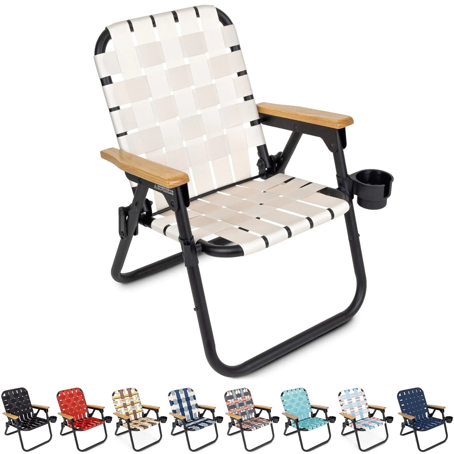 Durable folding camping chair with cup holder, wood armrests, and woven seat in multiple colors.