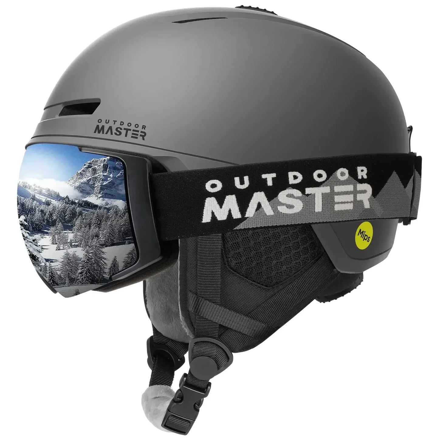 Gray Outdoor Master ski helmet with goggles reflecting snowy mountain landscape for outdoor gear