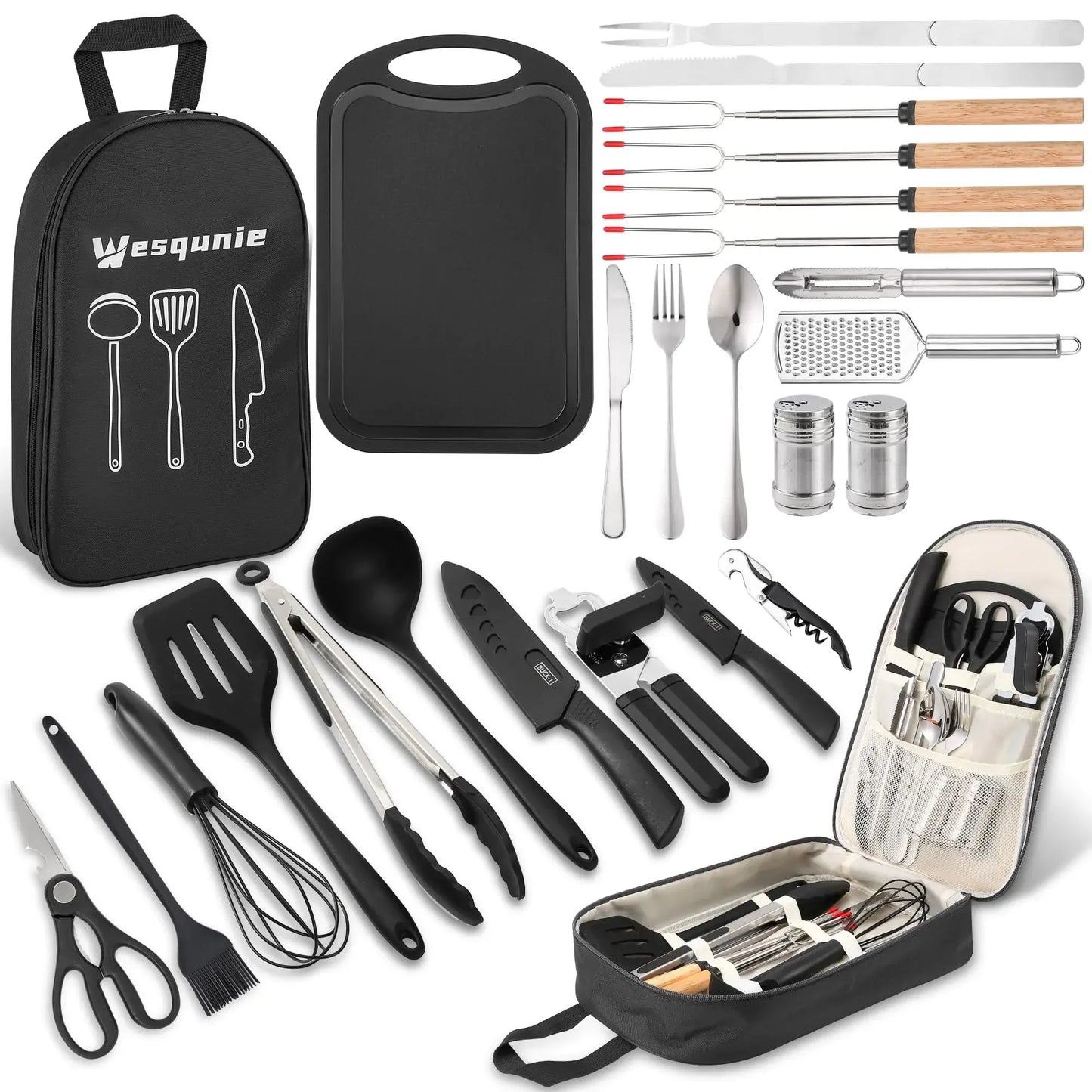 Camping cooking utensil set with carrying case, cutting board, and outdoor kitchen tools by Hacksoutdoors
