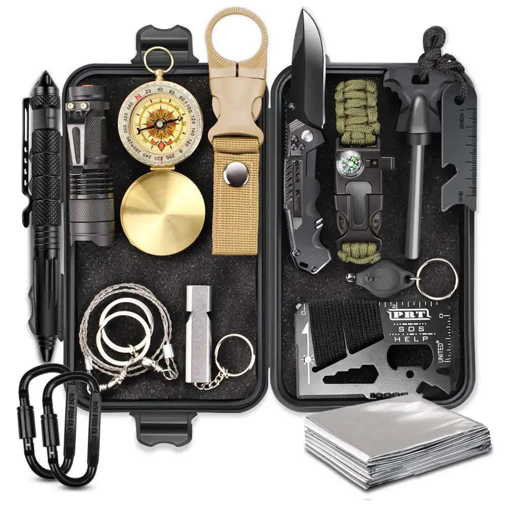 Camping survival kit with knife, compass, flashlight, whistle, fire starter, and multitool in case