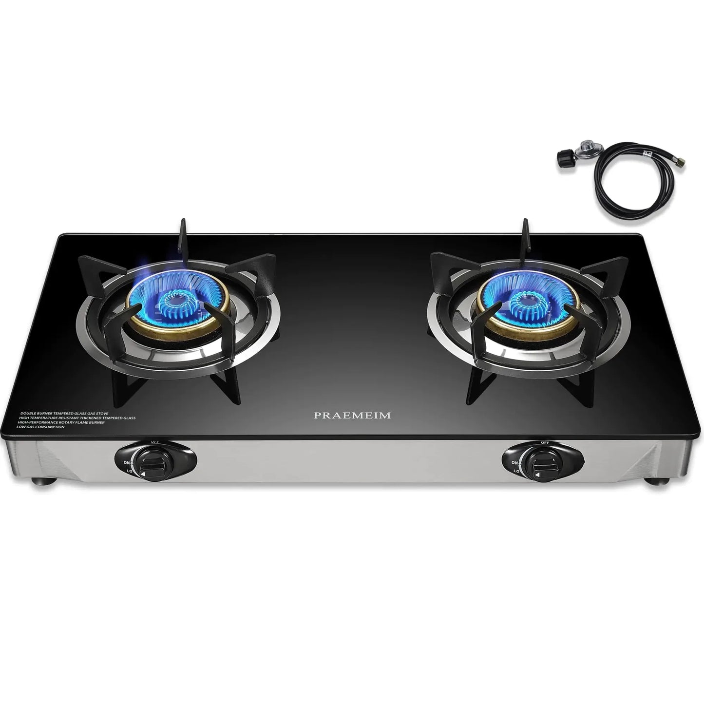 Double burner portable camping gas stove with black glass top and hose, durable outdoor cooking gear