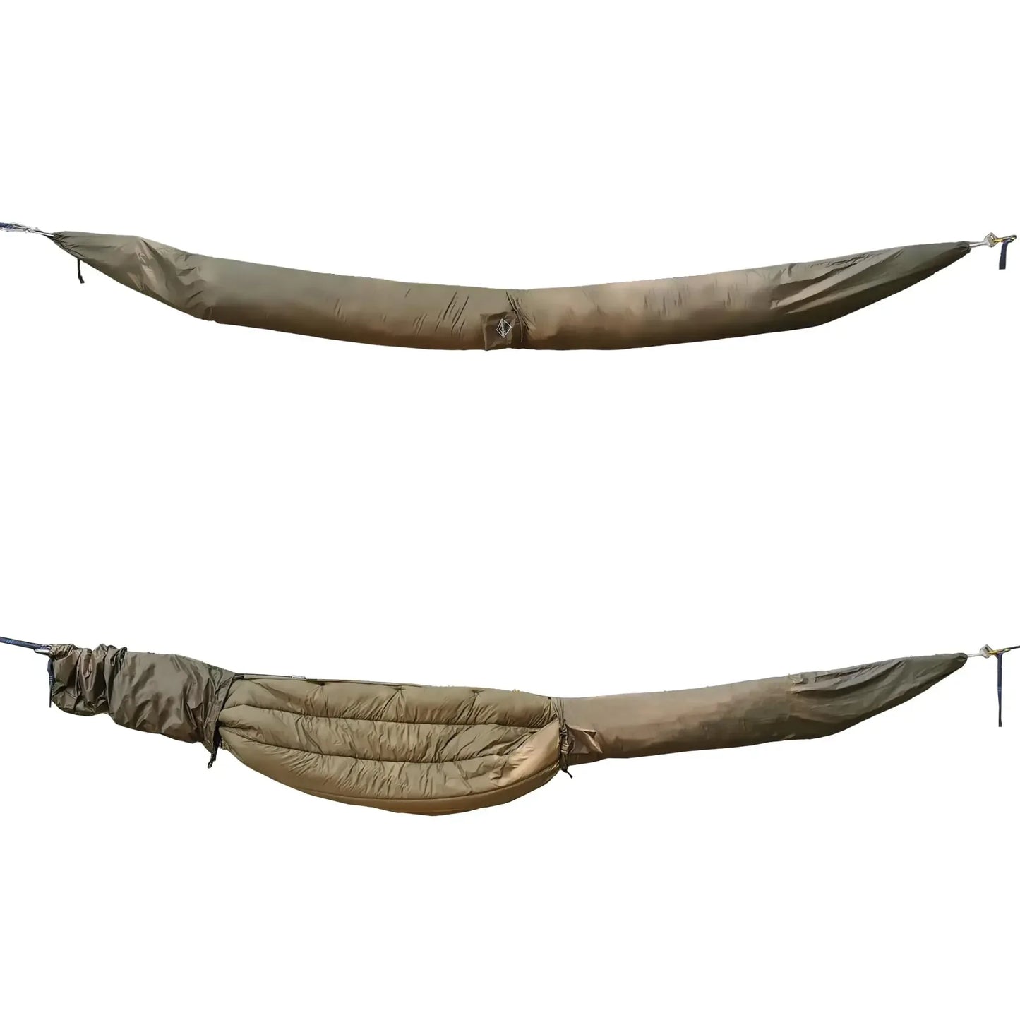 Olive green camping hammock and insulated underquilt, essential outdoor survival gear