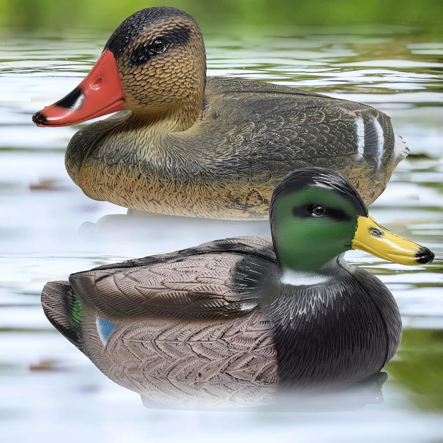 Realistic duck decoys floating on water, outdoor hunting gear for camping and survival