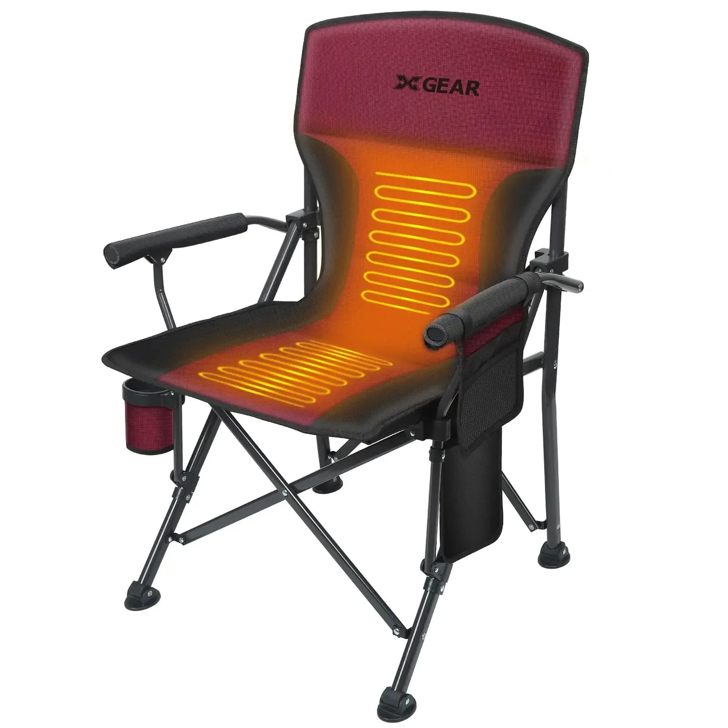 XGEAR heated camping chair with cup holder, foldable design, and padded backrest for outdoor use