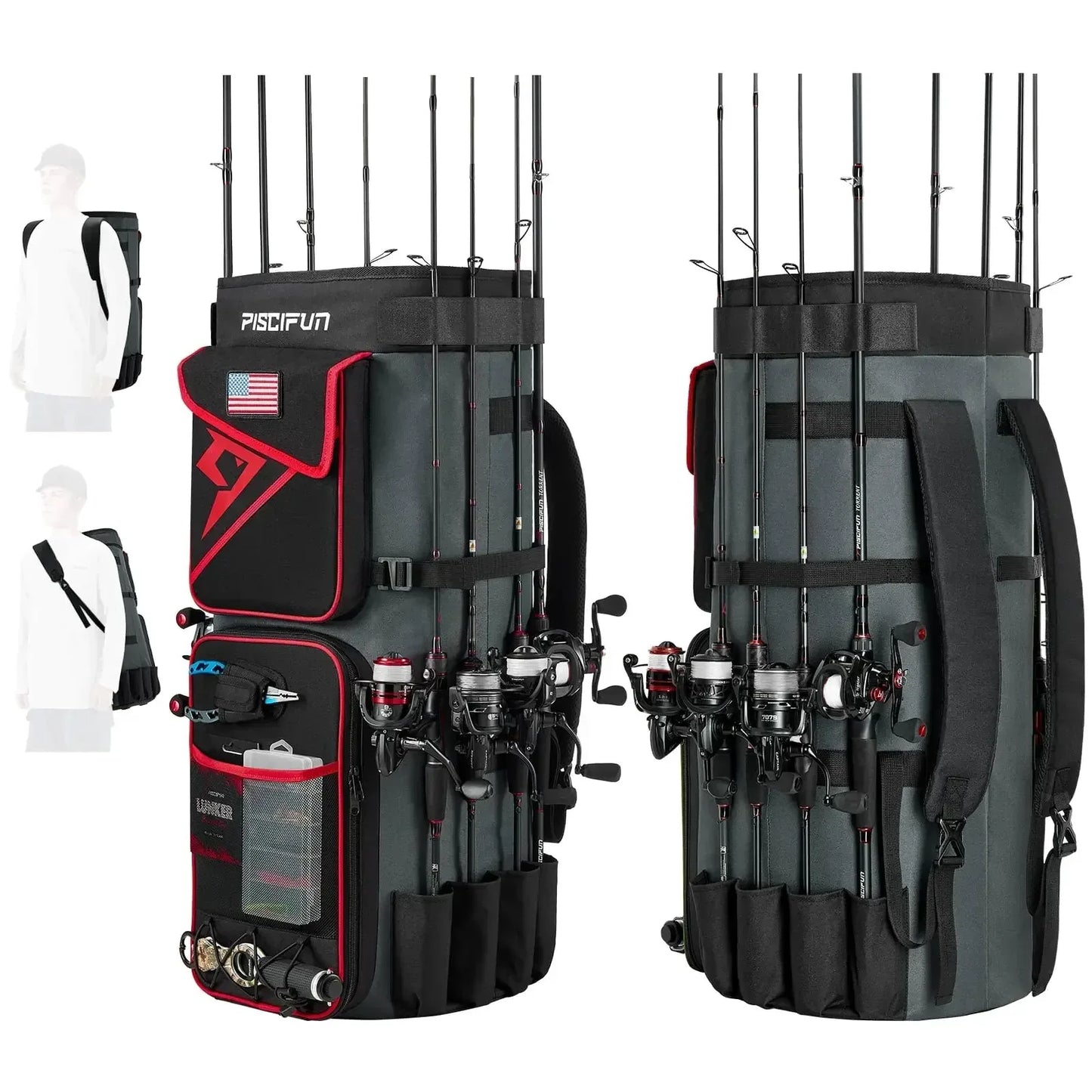 Heavy-duty fishing rod backpack with multiple rod holders, outdoor gear by Hacksoutdoors