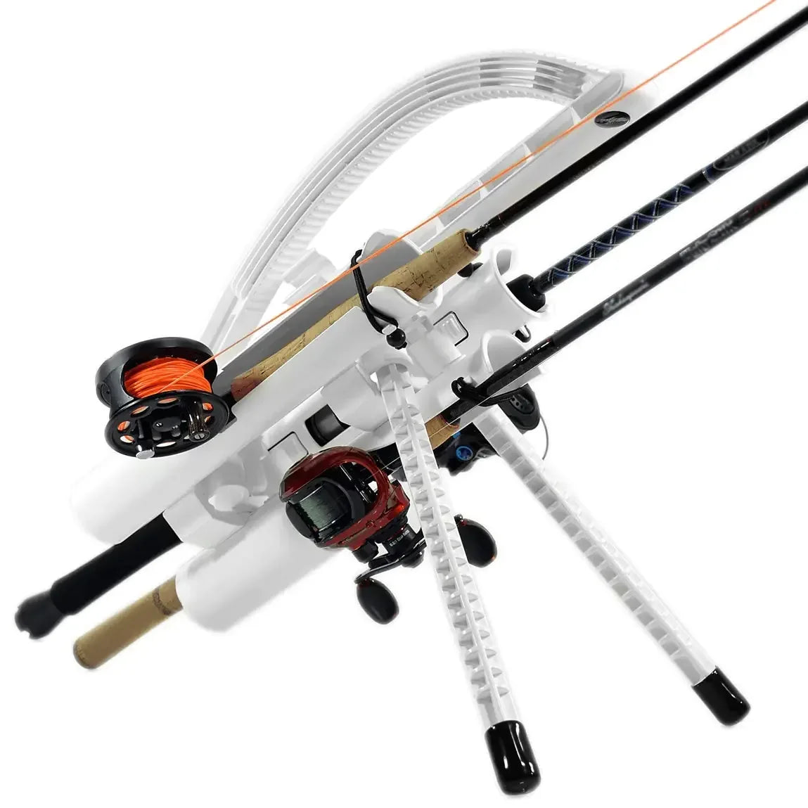 Durable white fishing rod holder rack with mounted rods, ideal for outdoor camping and gear storage