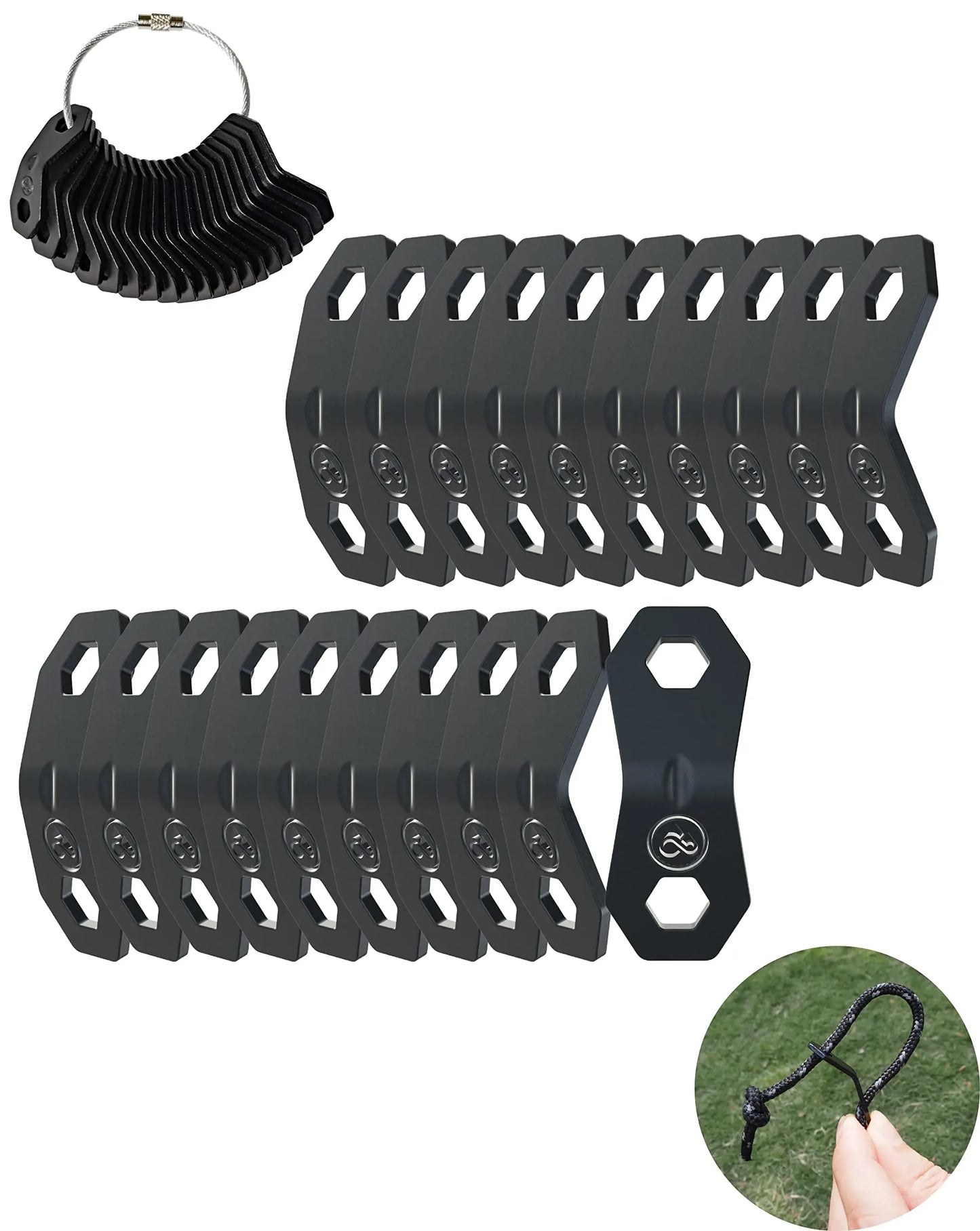 Set of black aluminum camping guyline tensioners for tents, outdoor gear by Hacksoutdoors