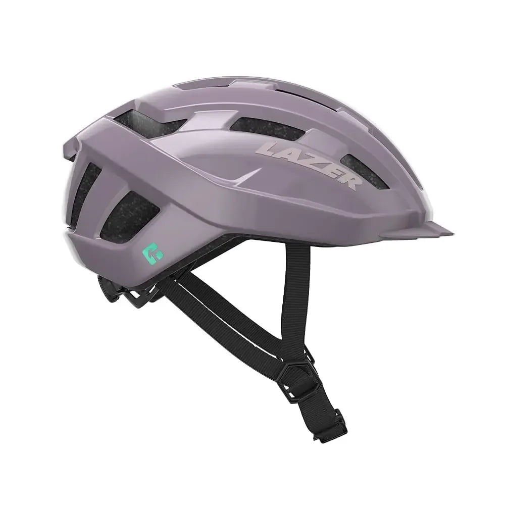 Light purple outdoor cycling helmet with adjustable black straps and ventilation slots
