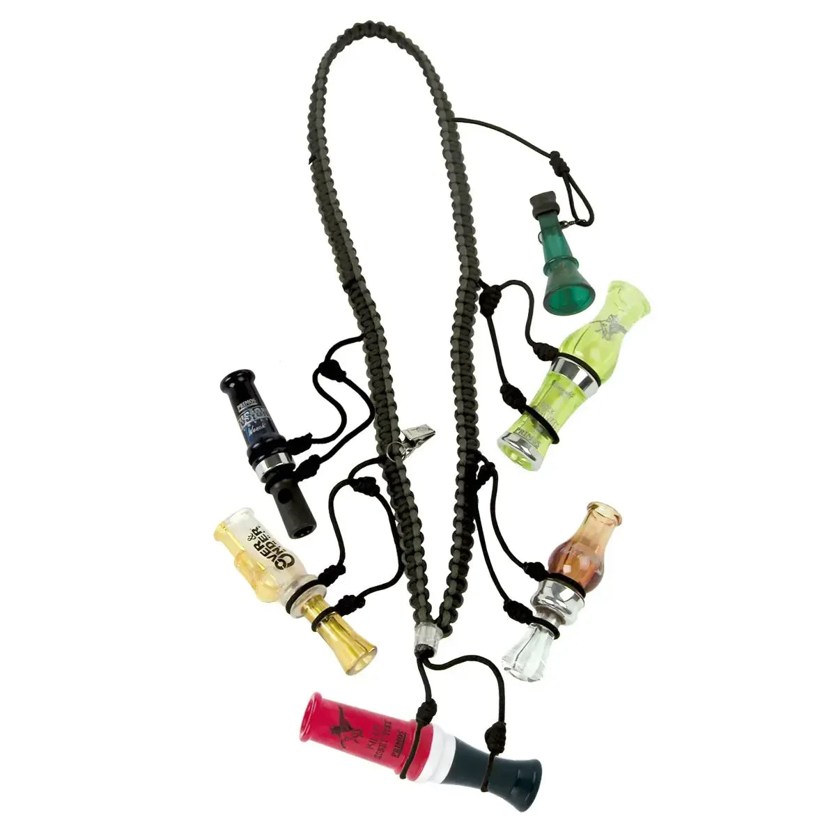 Paracord lanyard with multiple colorful duck calls for camping and hunting gear