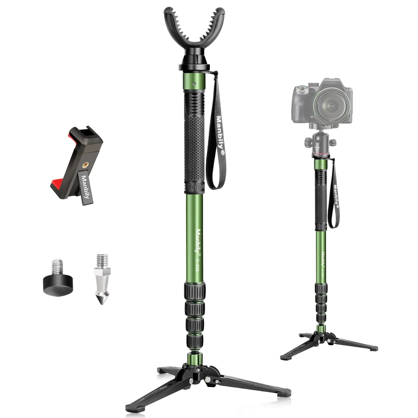 Green adjustable Manbily monopod with tripod base, phone mount, and camera mount accessories