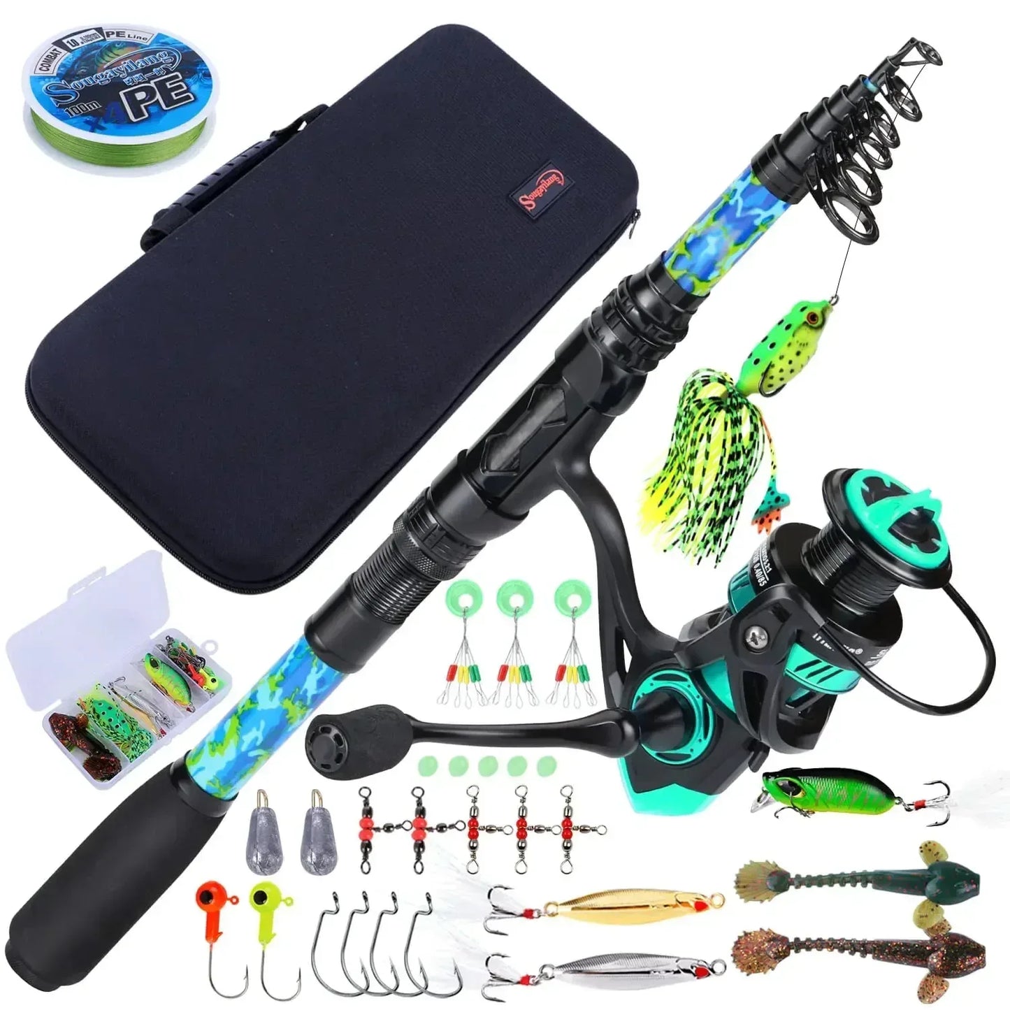 Fishing rod and reel kit with tackle box, fishing line, lures, and hooks for outdoor camping
