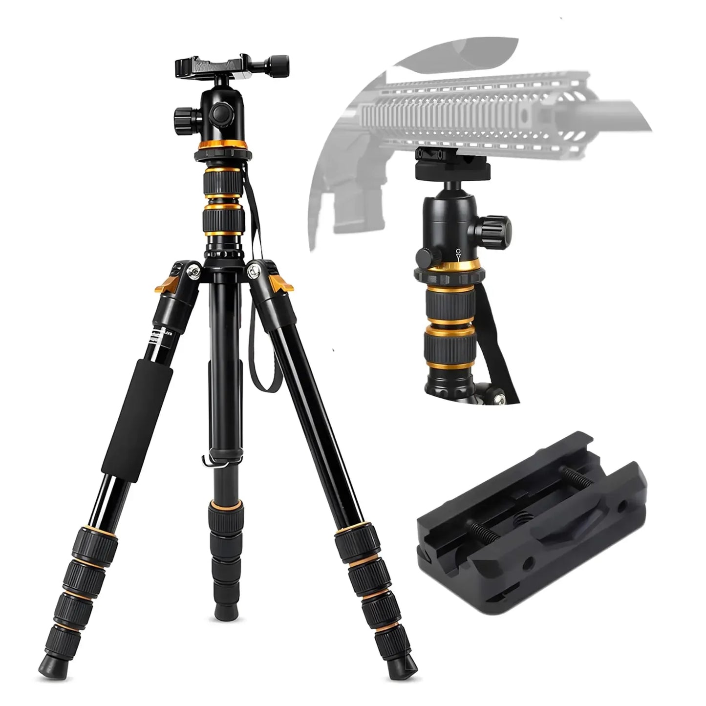 Durable adjustable outdoor tripod with quick release plate, ideal for camping and hiking gear