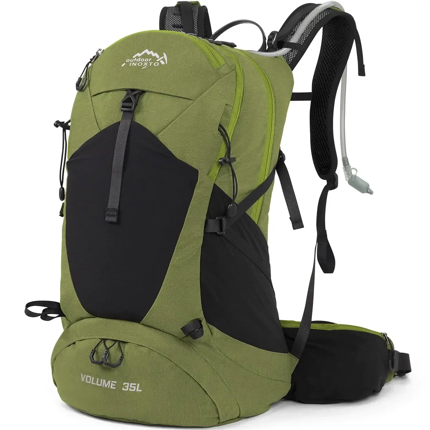 Green and black 35L hiking backpack with hydration pack, ideal for camping and outdoor gear