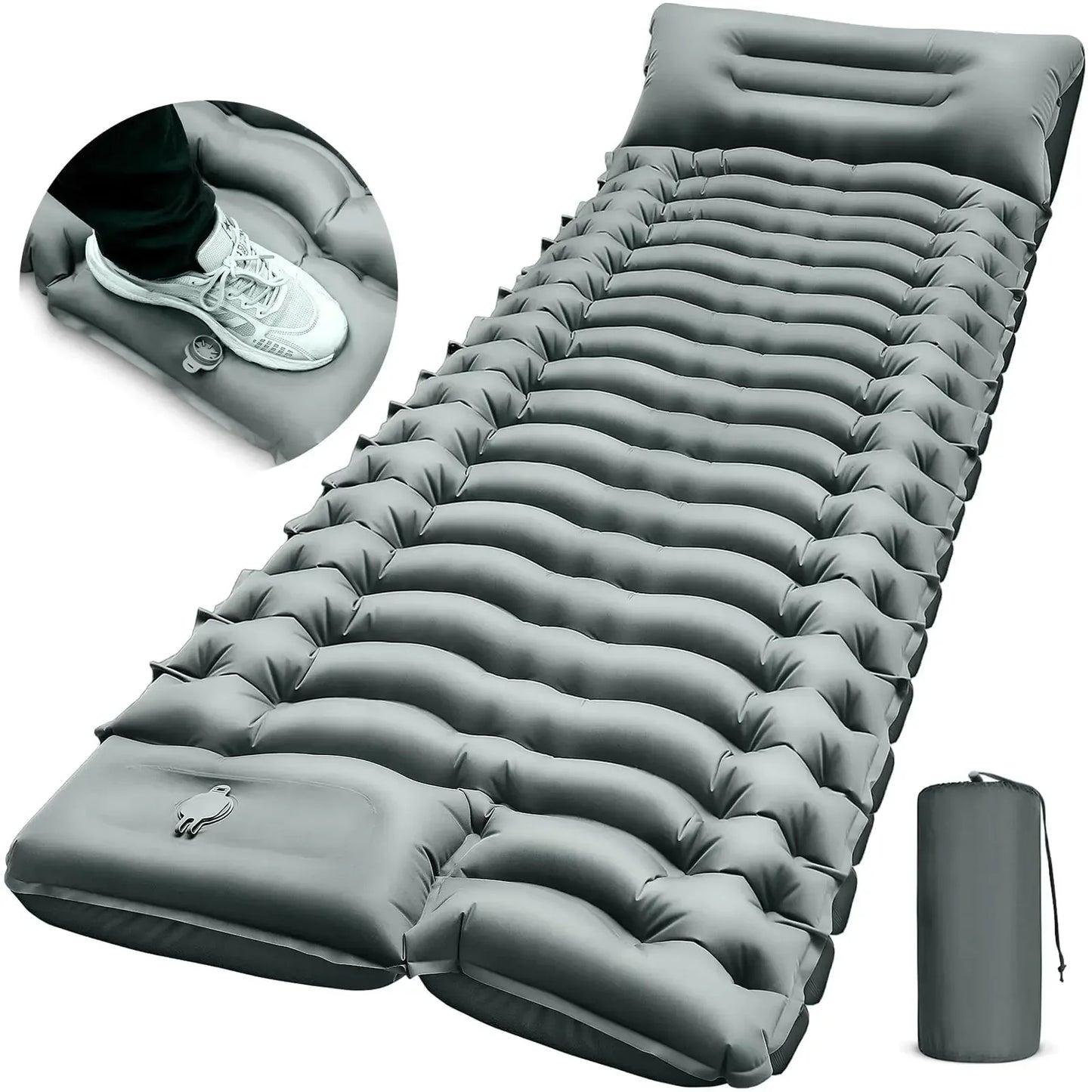 Gray inflatable camping mattress with built-in foot pump and storage bag, ideal for outdoor gear