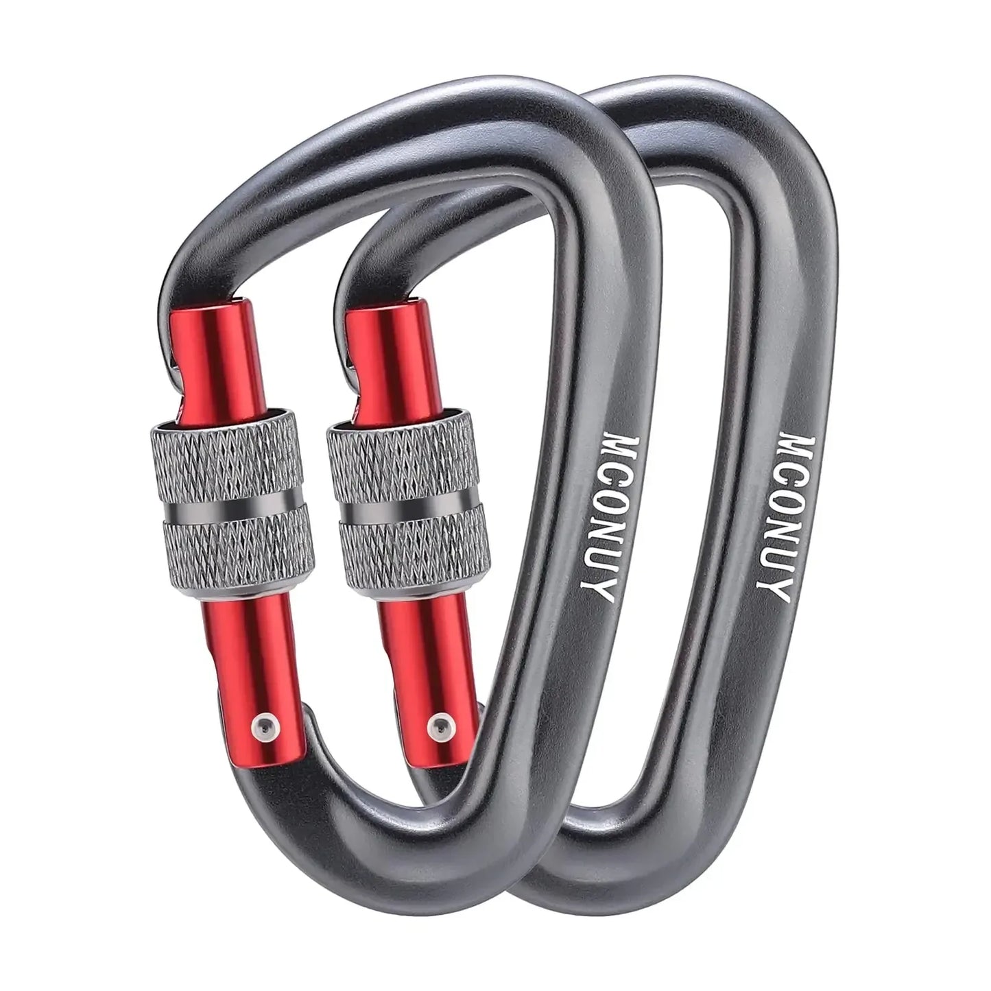 Pair of metal locking carabiner clips for camping, hiking, and outdoor gear