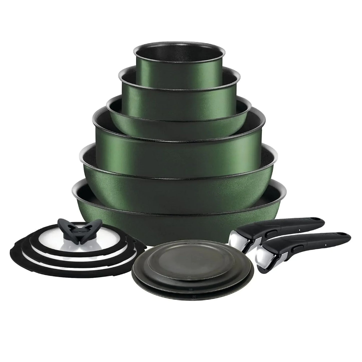 Camping cookware set with stackable green pots, lids, plates, and detachable handles
