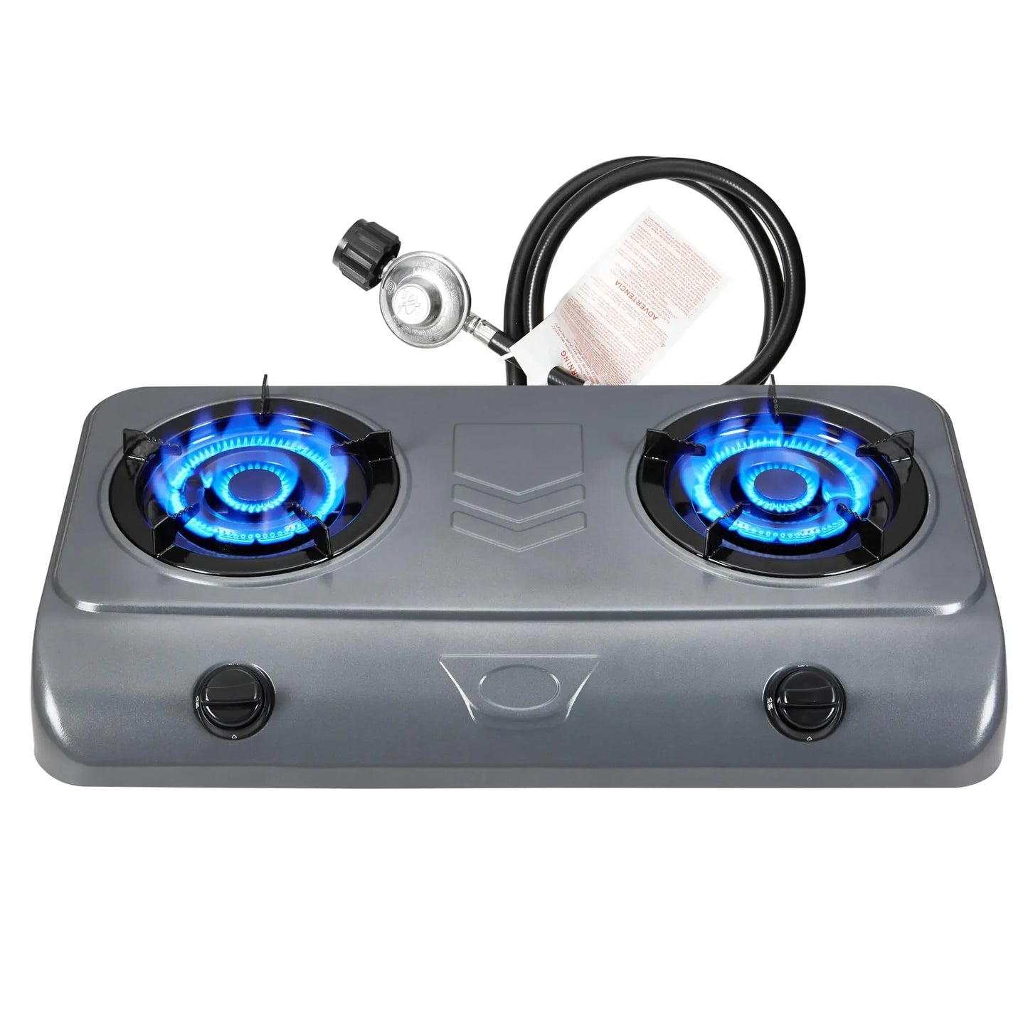 Double burner portable camping stove with blue flames, ideal for outdoor cooking