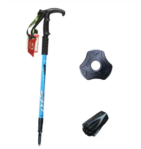 Blue trekking pole with ergonomic handle and hiking accessories, outdoor gear by Hacksoutdoors